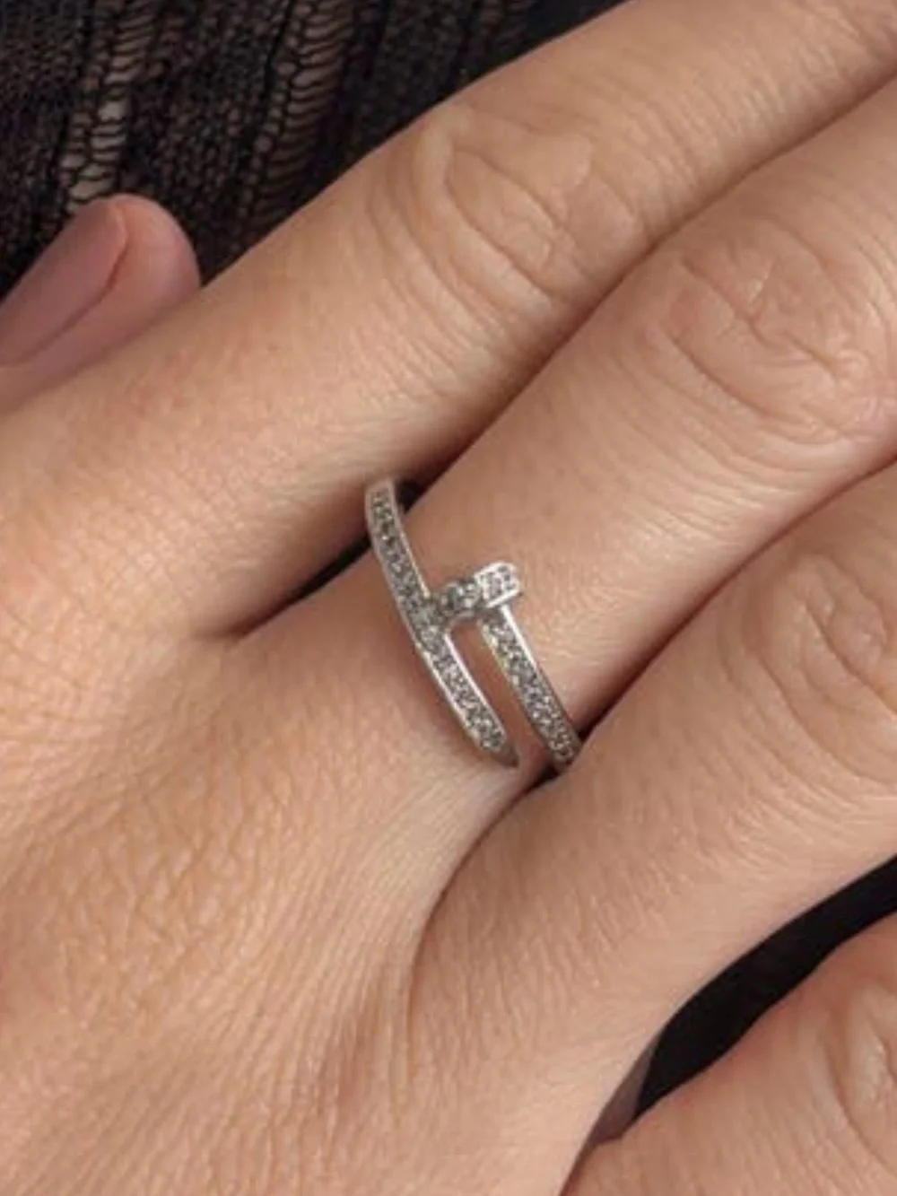 Brass Silver Tone Plate Cubic Zirconia Pave Nail Bypass Ring